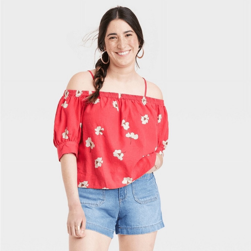 Women's Puff Elbow Sleeve Blouse - Universal Thread Red Floral S